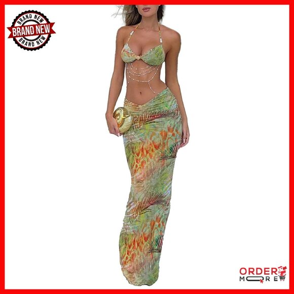 Women's Two Piece Maxi Skirt Set Ruched Backless Crop Top Pearls Chain Decor